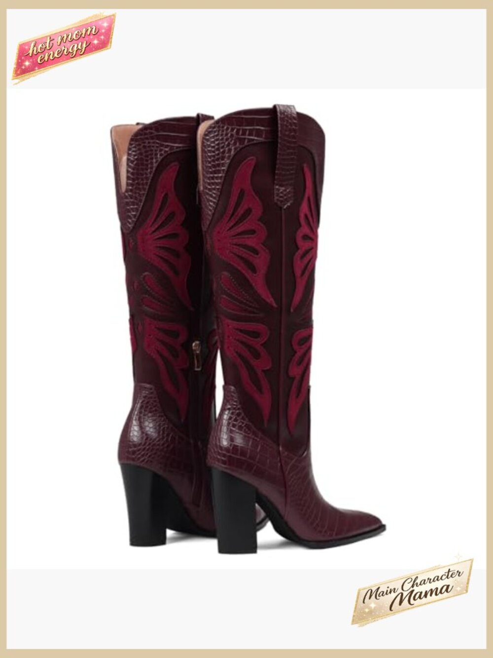 Pointed Toe Chunky Heel Cowboy Boots Knee High Embroidered Butterfly Western - Picture 7 of 7